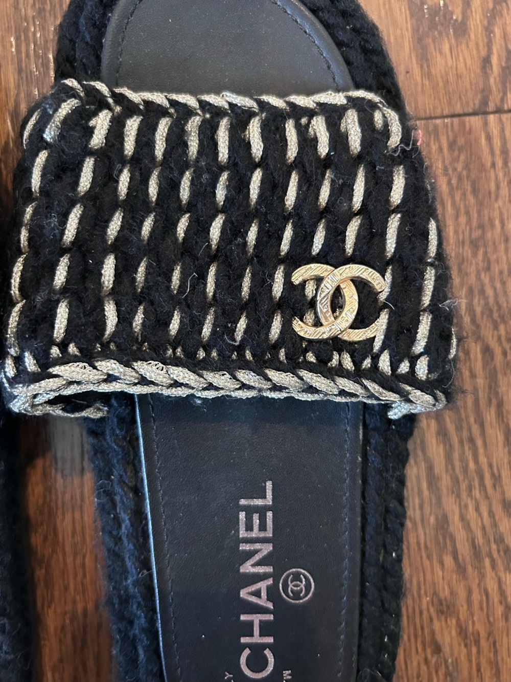 CHANEL Black & Gold Braided Flat Sandals, Knitted Wool Braided Slide Mules 37.5 - Picture 13 of 15